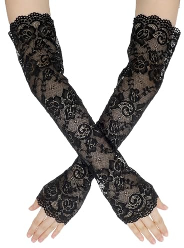 1 guanti in pizzo nero Parr, da donna, senza dita, vintage, protezione UV per le braccia, per le donne, per il tè vintage anni '20, per la sposa, per la sera, per il costume da sposa (nero)