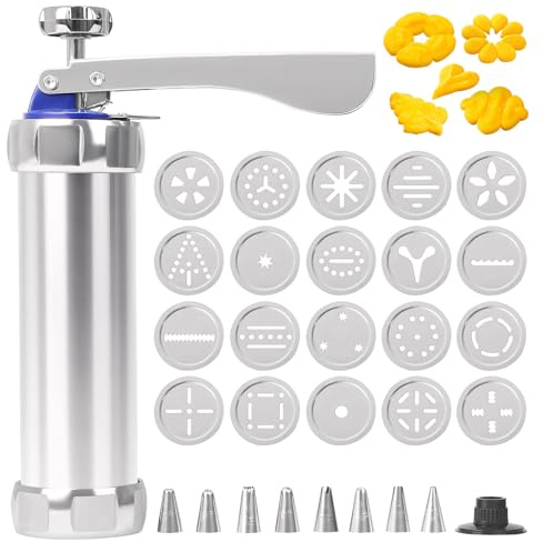 Gebäckpresse Edelstahl mit 8 Spritztüllen und 20 Schablonen, Spritzgebäck Presse Maschine, Profi Kekspresse, Plätzchenpresse, Gebäckspritze, Gadgets zum keksbacken Kuchen Plätzchen für Kuchen (A)