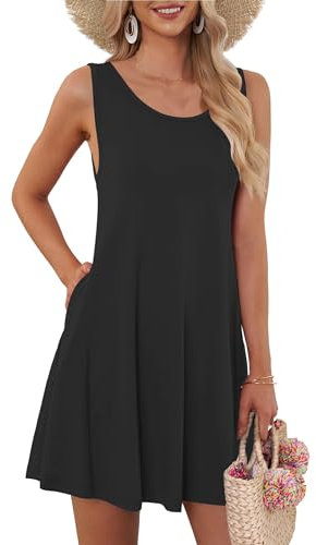 AUSELILY Damen Kleid Schwarz Sommer Rundhals Knielang Trägerkleid Kurz mit Taschen M