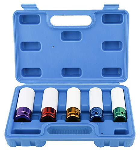 FreeTec 5pcs Wheel Socket Set, 1/2 Inch Impact Wheel Nut Socket Set, Thin Wall Deep Reach Metric Impact Driver Socket Sets 15mm 17mm 19mm 21mm 22mm