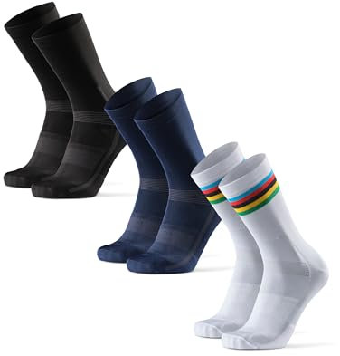 DANISH ENDURANCE Performance Crew Cycling Socks, Cushioned Bike Socks, for Men & Women, Unisex, 3 or 5 Pack, Multicolour: 1 x Stripes, 1 x Black, 1 x Blue, 3-5