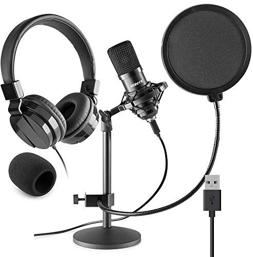 VONYX CMTS300 USB Studio Condenser Microphone Kit with Shock Mount, Stand, Pop Filter & VH120 Closed-Back Headphones - Broadcast, Podcast, PC Recording for Mac & Windows