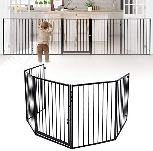 Aufun Kaminschutzgitter baby Kinderschutzgitter Kinder Schutzgitter Laufstall, Türschutzgitter 5-tlg Faltbar Kinderschutzgitter mit Tür, Metall Absperrgitter für Kinderzaun, Haustierzaun, Schwarz