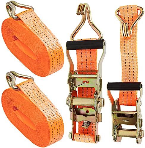 AHUNTTER 2 Sets Ratchet Tie Down Straps 5cm x 6m, 11000lb Break Strength, Heavy Duty Lashing Strap, Securing Straps with Handle and Metal J Hook for Trucks, Cars, Motorcycles – Orange