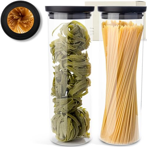 KIVY Tarros de almacenamiento con tapa de cristal transparente [2 x 1800 ml] herméticos frascos de pasta con tapa – Almacenamiento de cereales – Almacenamiento de espaguetis – Lata grande para vasos