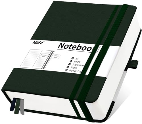 Mlife A4 linjerad anteckningsbok,-360 sidor tjock college linjerad anteckningsbok,100Gsm premium tjock papper,innerficka,PU hård pärm, dagliga anteckningar för män kvinnor skola(Grön)