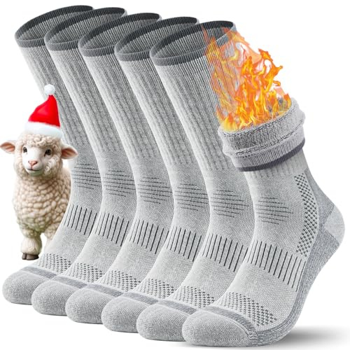 TANSTC Mens Socks Merino Wool Hiking Socks for Men & Women Thermal Winter Warm Moisture Wicking Cushion Boot Socks 3 Pairs,Grey,L
