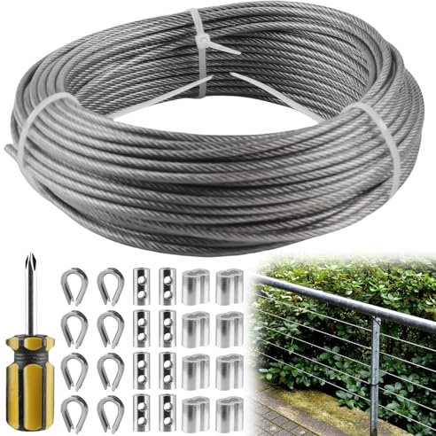 Cable de alambre de 3 mm, cable de acero inoxidable de 20 m, cable de acero inoxidable PVC revestido Kit, cuerda de acero inoxidable 304 con manguitos de aluminio, cuerda de acero con ojales, cuerda