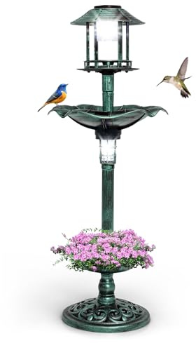 GOPLUS Comedero Pájaros con 2 Luces LED Solares, Bebedero Pájaros Exterior con Macetero de Flores y Soporte Rellenable, Decoración de Jardín Exterior, Alimentador para Aves PP 43x110cm (Verde Cobre)