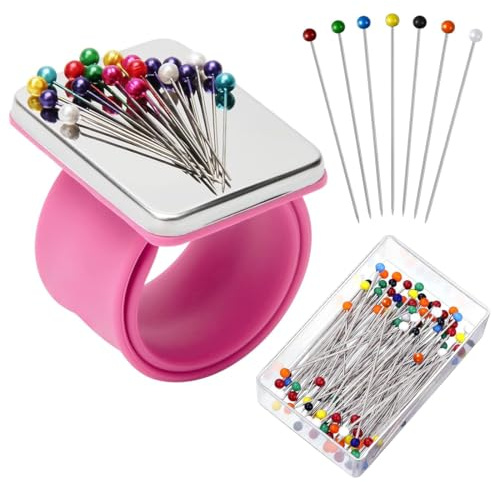 Magnetic Wrist Sewing Pincushion with 100 Pieces Sewing Pins Set Wrist Pin Cushion Magnetic Wrist Pin Holder Wristband Wrist 1.5 Inch Ball Head Straight Pins for Hand Sewing Supplies (Rose Red)