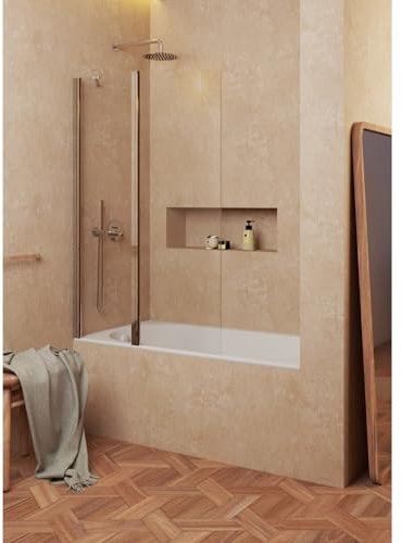 Mampara de bañera frontal hoja fija + abatible 180º- Transparente - Cristal templado 6 mm Antical - Cromo- Ancho 50cm fijo + 75cm abatible– H= 150cm