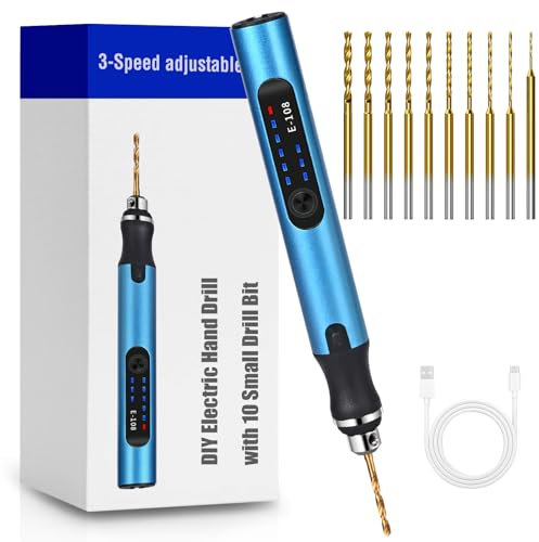 Handbohrer Elektrisch, Vankarr 3-Gang DIY Bohrer Wiederaufladbare Bohrmaschine mit 10 Bohrer, für Modellbau, Holz, Harz Schmuckherstellung Kunststoff Leiterplatte, Blau