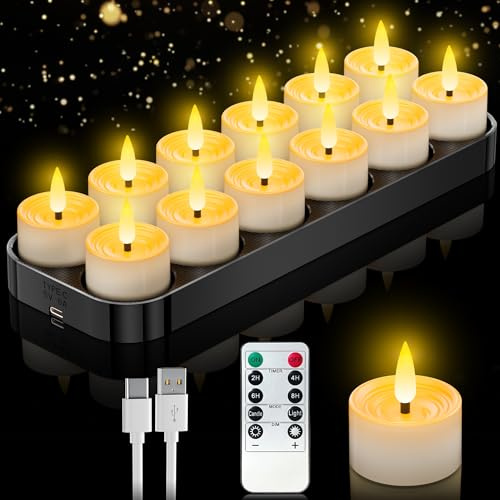 Velas de té LED recargables con función de temporizador, 12 velas LED recargables, llama parpadeante, con mando a distancia y estación de carga, para salón, fiestas, Halloween y Navidad