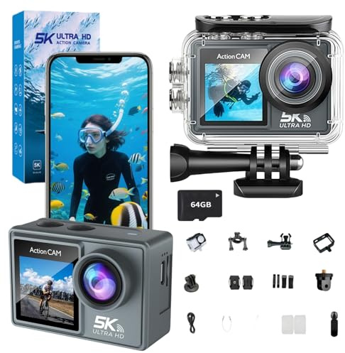 MEIION Puruxe Action Camera + 64gb memory card Waterproof 5K HD Sports Camera with Dual Screen, WiFi, Accessories Included, Exceptional Image Quality for Outdoor Adventures, 4K Video at 60 FPS
