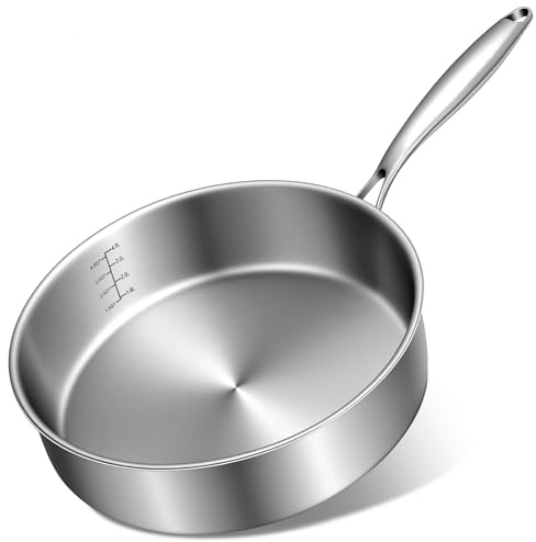 EWFEN 12 Inch Tri-Ply Stainless Steel Frying Pan, Compatible with All Cooktops Up to 600℉, Large Frying Pan Induction-Ready Skillet, Dishwasher and Oven Safe, Even Heat