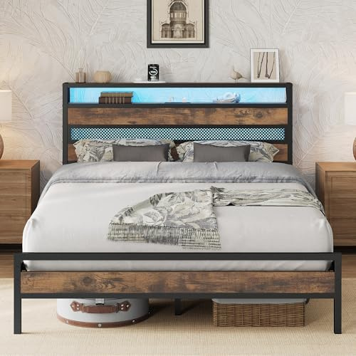 IRONCK 4ft6 Double Bed Frame with Storage Headboard and Charging Station/LED Lights, Metal Platform Bed Frame Double, Reinforced Strong Support Leg, UnderBed Storage, Vintage Brown
