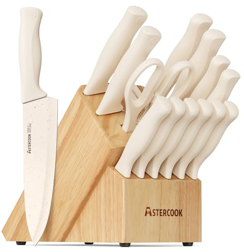 Astercook Knife Set, 15 Pieces Kitchen Knife Set with Sharpener Block, German Stainless Steel Knives Set with Anti-Rust Coating, Dishwasher Safe Elegant Cream White Knife Block Sets, Mothers Day Gifts