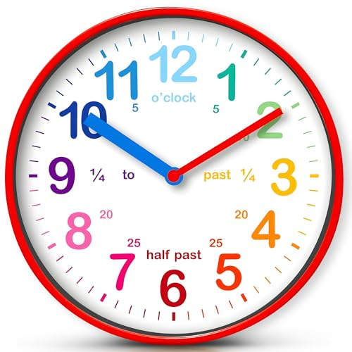 FB FunkyBuys Kids Wall Clock - 12 Inches Clock for Learning Time | Round Analogue Silent Non-Ticking Kids Clocks for Bedrooms, Classrooms - Colorful Decorative Educational Time Teaching Clock