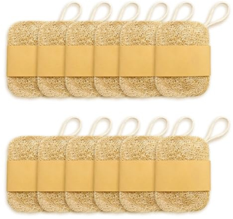 VAEIORP Set de 12 esponjas naturales de lufa – cuadradas, jabonera/esponja para ducha/baño/cocina/encimera (7×10 cm)
