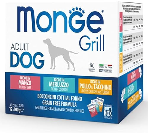 Monge Grill Multipack per Cani Adulti, Bocconcini Grain Free, Manzo, Merluzzo, Pollo e Tacchino, 12 bustine da 100 g