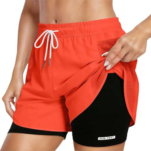 Short de Sport Femme 2 en 1 Taille Haute avec Doublure et Poches Zippées, Short de Course Respirant pour Yoga Gym Fitness Tennis Musculation (Red, M)