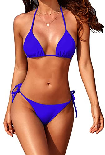 Tainehs Sexy Neckholder-Bikini für Damen, Tanga, zweiseitig, Triangel-Bikini, Badeanzüge, Blau, Large