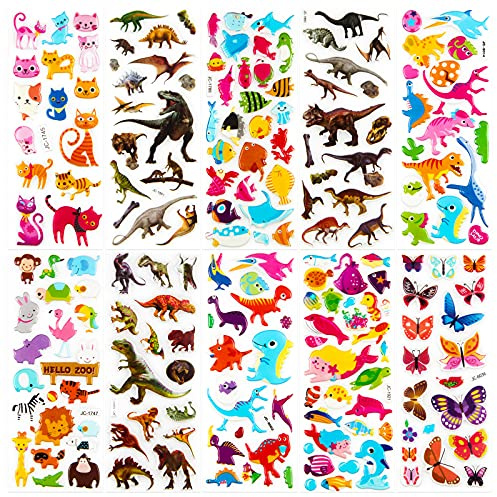 Meafeng Djurklistermärken för Barn 1100+, 52pcs Djurklistermärken 3D-Fluffiga Småbarnsklistermärken, Lämpliga för Belöningsklippbokspresenter, Inklusive Djur, Fjärilar, Dinosaurier, Marint Liv