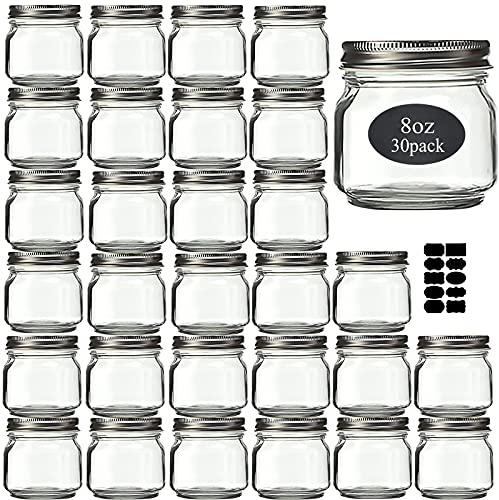 Rainforce Mason Jars 8 oz 30 Pack- Small Mason Jars With Silver Lids -1/4 Quart Canning Jars| Storage Pickling Jars For Jelly, Jam, Honey, Pickles - Spice Glass Jars - With 30 Chalkboard Labels