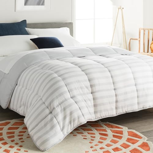Linenspa Edredón nórdico de microfibra – relleno nórdico 4 estaciones – ultra suave – Edredon Cama 90 (155 x 220 cm), Gris / Rayas Blancas