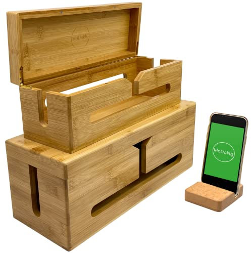 MaDaNg Cable Tidy Box Wood - 2 Pcs Cable Management Box 37x14x14 / 32x11x11cm including Phone Stand Holder - Wire Tidy Cable Box - Bamboo Storage Box Suitable for Organising Home and Office
