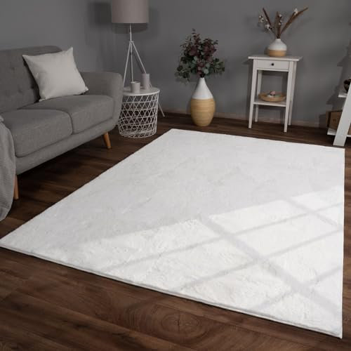 TT Home Wohnzimmer Teppich Hochflor Langflor Kunstfell Weich Modern Unifarben Flauschig, Farbe:Weiß, Größe:60x90 cm
