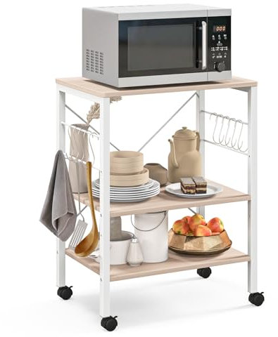 TANGZON 3-Tier Kitchen Baker's Rack on Lockable Wheels, Metal Frame Rolling Kitchen Storage Cart with 5/10 S-Hooks, Utility Shelves Unit for Home Dining Living Room (2 Adjustable Shelves, Natural)