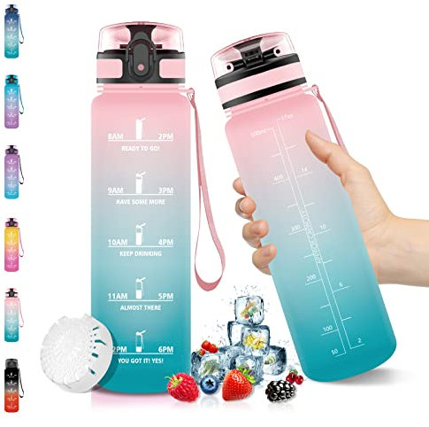 Vikaster Gourde Sport, 500 ML Bouteille d'eau, sans BPA, Étanche & Réutilisable, Filtre et Marqueur de Temps, Convient pour le Camping,Bureau, en Plein Air, Rose & Cyan