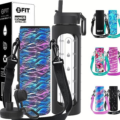 32 oz Glass Water Bottle with Straw Lid, Time Marker, Sleeve, Extra Lid & Water Bottle Holder with Strap - Motivational, Wide Mouth, Large 1L Glass Drinking Bottle (Black Sleeve, Black Waves Carrier)