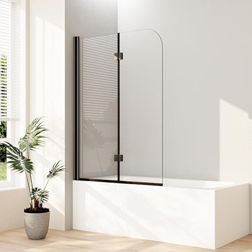 Duschwand für badewanne Schwarz, 110x140cm 2-teilig Faltwand für Badewanne, Glas Duschwand Badewannenaufsatz Duschtrennwand Duschabtrennung mit 6mm Nano Glas, Matt Schwarz