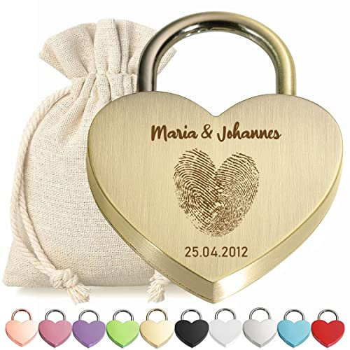 Liebesschloss Herz-Schloss Bügelschloss Bronze mit Gravur - Motiv Herz Fingerabdruck - personalisiert - eloxiert - Stoff-Geschenkbeutel - Valentinstag, Jahrestag - Pärchen Geschenk - Present