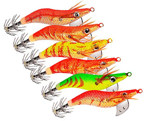OriGlam 6pcs Cebos de Pesca Calamar Pulpo Camarones, Jig Ganchos, Señuelo Falso Sepia Pulpo Señuelos de Pesca