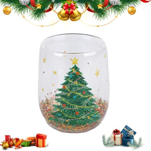 Taza navideña de vidrio de doble capa 350ml Taza de cristal Árbol de Navidad Taza de vasos aislados de la pared doble de Navidad Taza de café vidrio de Navidad con lentejuelas Xmas Regalos para Niños