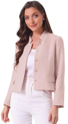 Allegra K Blazer de Tweed a Cuadros para Mujer, Manga Larga, decoración de Botones, Trabajo, Oficina, Chaqueta Corta Rosa S