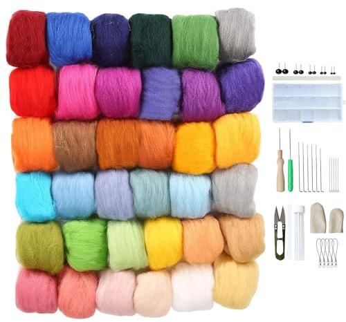 Jlnmmn Kit de Fieltro de Lana, 36 Colores Lana de Fieltro con Kit, Kit Inicial para Fieltro de Aguja, Lana de Fieltro para Profesionales, para Fieltro Hechos a Mano Creativos y Manualidades Bricolaje