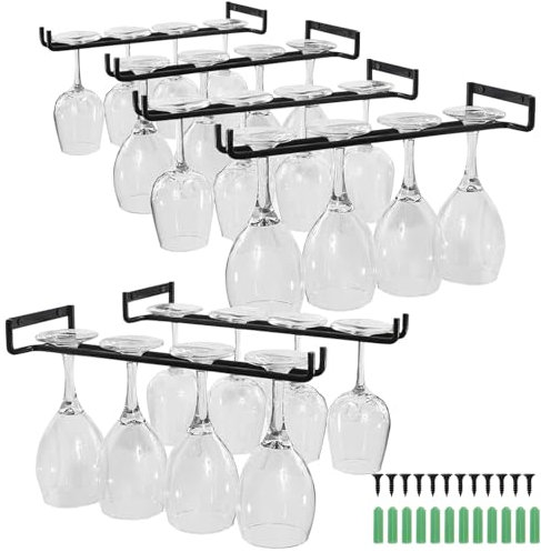 LOSYHU 6 Pack Black Wine Glass Rack, 12 Wall Mounted Wine Rack Under Cabinet Stemware Holder Hanging Stemware Racks Metal Wine Glass Hanging Racks for Shelf Bar Kitchen Cabinet
