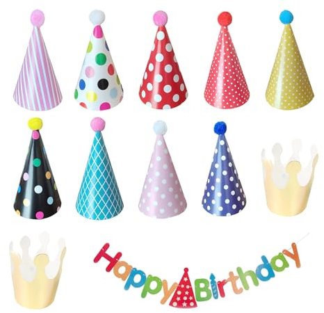 HDGSAFD Lot de 11 chapeaux de fête d'anniversaire avec 1 drapeau, ensemble d'accessoires de chapeau d'anniversaire, chapeaux de fête en forme de cône, chapeau d'anniversaire en peluche, décoration de