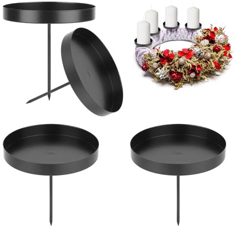 4 Stück Kerzenhalter Kranz Advent, 8cm Kerzenständer zum Stecken, Metall Kerzenteller für Stumpenkerzen, Kerzenpick Adventskranz Weihnachtskranz, Teelichthalter für Kerzen Tischdekoratio (Schwarz)