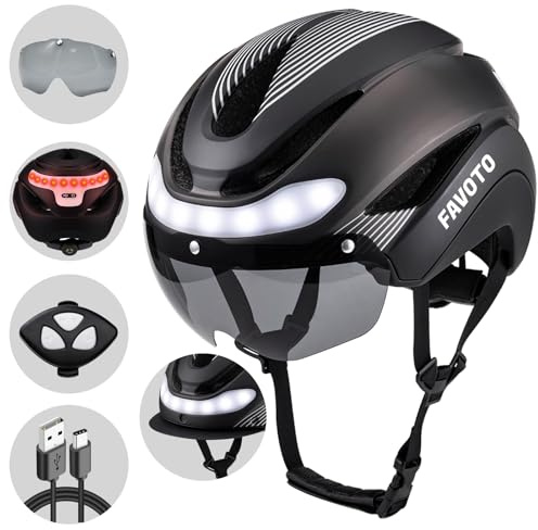 Favoto Fahrradhelm Herren Damen mit Licht - Verstellbarer Kopfumfang EPS-Material Abnehmbare Kopfhaube Heckleuchten Design L(59-61cm) Titan