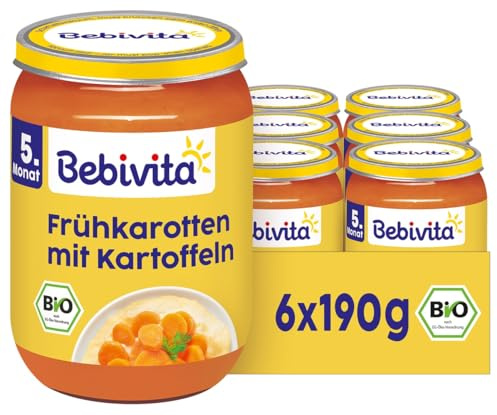 Bebivita Bio Frühkarotten mit Kartoffeln, 6er Pack (6 x 190g), ab 5. Monat, ohne Salzzusatz, das Gemüse-Gläschen ideal zum Beikost-Start