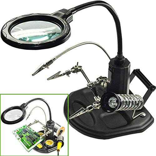 Helping Hands Soldering Magnifier Station - FEITA LED Lighted 2.5X/4X Magnifying Glass Heavy Base with Stand Clamps Clips, Solder Tip Cleaner, Solder Flux - for Soldering, Repair, Hobby and Crafts