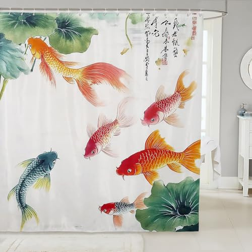 Feelyou Goldfish Shower Curtain 72x72 Lotus Leaf Pond Bath Curtain for Boys Girls Teens Chinese Style Bathroom Shower Curtain Set Chinese Oriental Traditional Culture Kids Bathroom Accessories