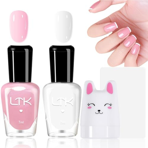 French Manicure Nail Polish Kit, Jelly Pink White Nail Varnish Set, Long Lasting & Quick Dry French Polish Set with Cute Stamper, Nail Polish for Women Nail Art Home, 3 Piece Set