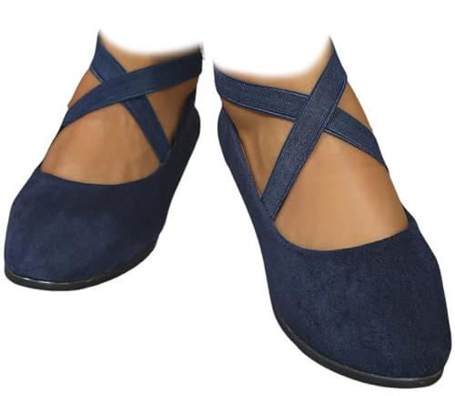 Whimsyard Elegantes, monocolor Bailarinas con tacón de cuña bajo y cinturón elástico, Bailarinas cerradas ortopédicas de ante con soporte de arco para mujer (Azul, 40)