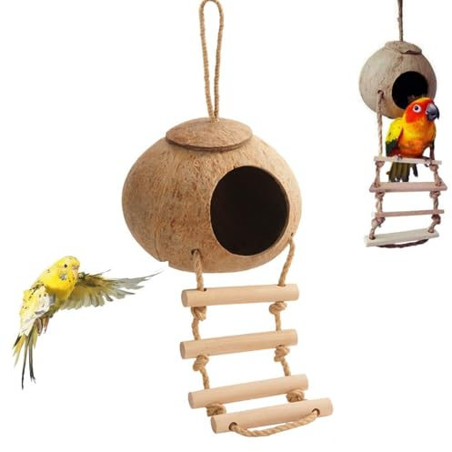 Maisons à Oiseaux pour l'Extérieur, Nid D’Oiseau en Noix de Coco, Nid d'Oiseau en Coquille de Noix de Coco, Nichoir Durable à Suspendre pour Animal Domestique, Perroquet, Conure, Hamster (Schleifen)